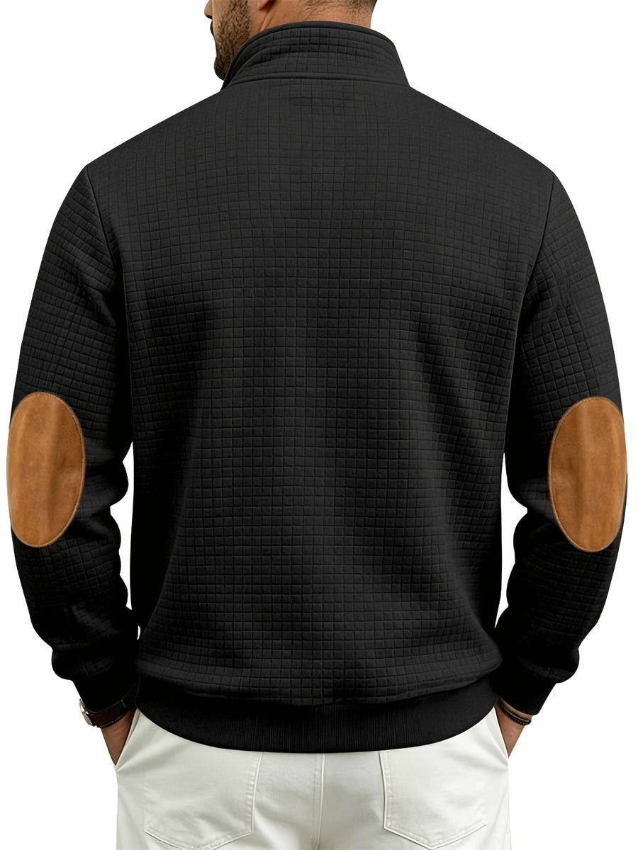 Men's Waffle Knit Casual Loose-Fit Long Sleeve Color-Block Stand Collar Half-Zip Autumn/Winter Sweatshirt - Black