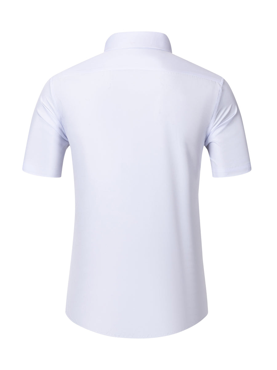 Men's Short-sleeve Shirt with Stand-up Collar/Henley Collar Design, Featuring Exquisite Peak-shaped Embroidery on the Chest - White