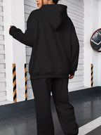 2026 New Women's Casual -Lined Hooded Sweatshirt and Elastic Waist Jogger Pants Set, Featuring a Simple and Stylish Letter "K" and Line Combination Pattern Print, Versatile for Fall/Winter - Black