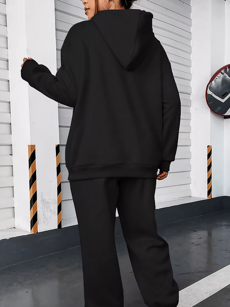 2026 New Women's Casual -Lined Hooded Sweatshirt and Elastic Waist Jogger Pants Set, Featuring a Simple and Stylish Letter "K" and Line Combination Pattern Print, Versatile for Fall/Winter - Black