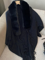 Women's Loose-fitting, Batwing-sleeve, Cape-style Cardigan; a Reversible Wrap with a Shawl Collar-a Stylish Piece for Casual Attire and a Great Gift for Autumn and Winter. - Black