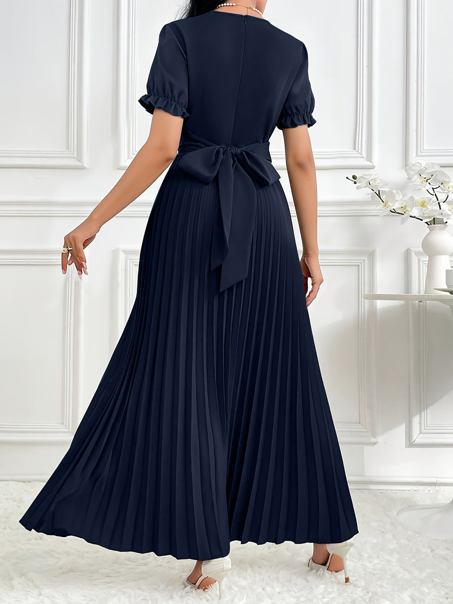 Women'S Solid Lantern Sleeve Ruffled Elegant Long Dress, Spring/Summer - Navy Color