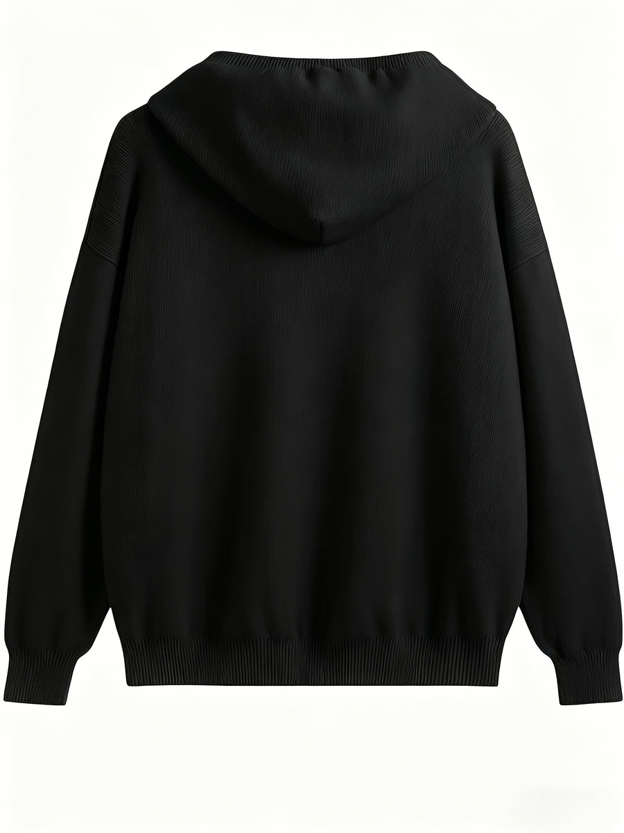 Women's Cardigan, Spring/Autumn Lazy Style Sweater Jacket, Loose Fit Outerwear Hooded Top - Black