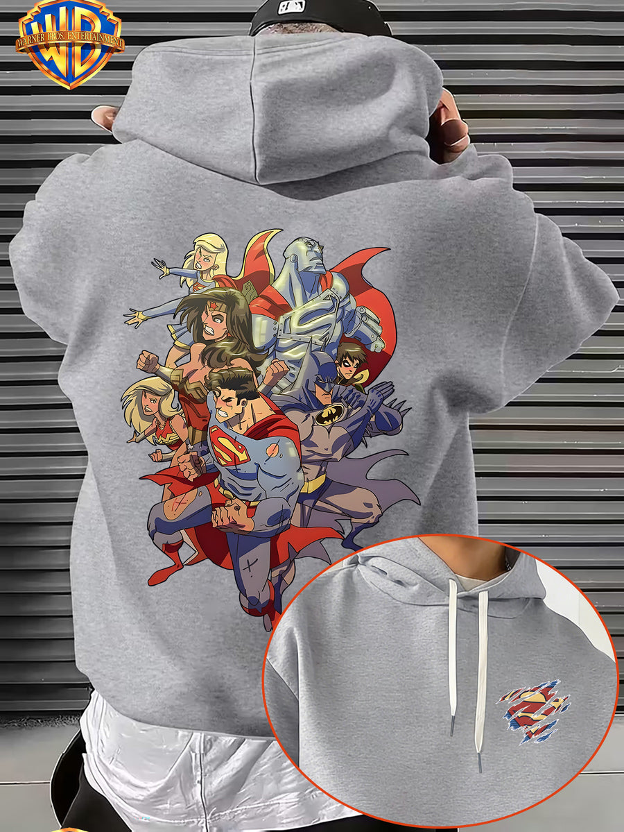 Warner Bros. DC Superhero Group Pose Multi-Character Collaboration Hot-Blooded Comic Style Cool Print Men's Fashion Hooded Sweatshirt, Sleeve Print Design, Kangaroo Pocket, Drawstring Hood, Suitable for Daily Wear and Outdoor Sports, an Excellent - Light Grey