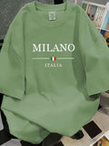 Milan Milano Letter Print Short Sleeve T-Shirt, Easy Ins Style, Loose And Flattering, Casual Unisex Top Suitable for Couples - Pea Green Color