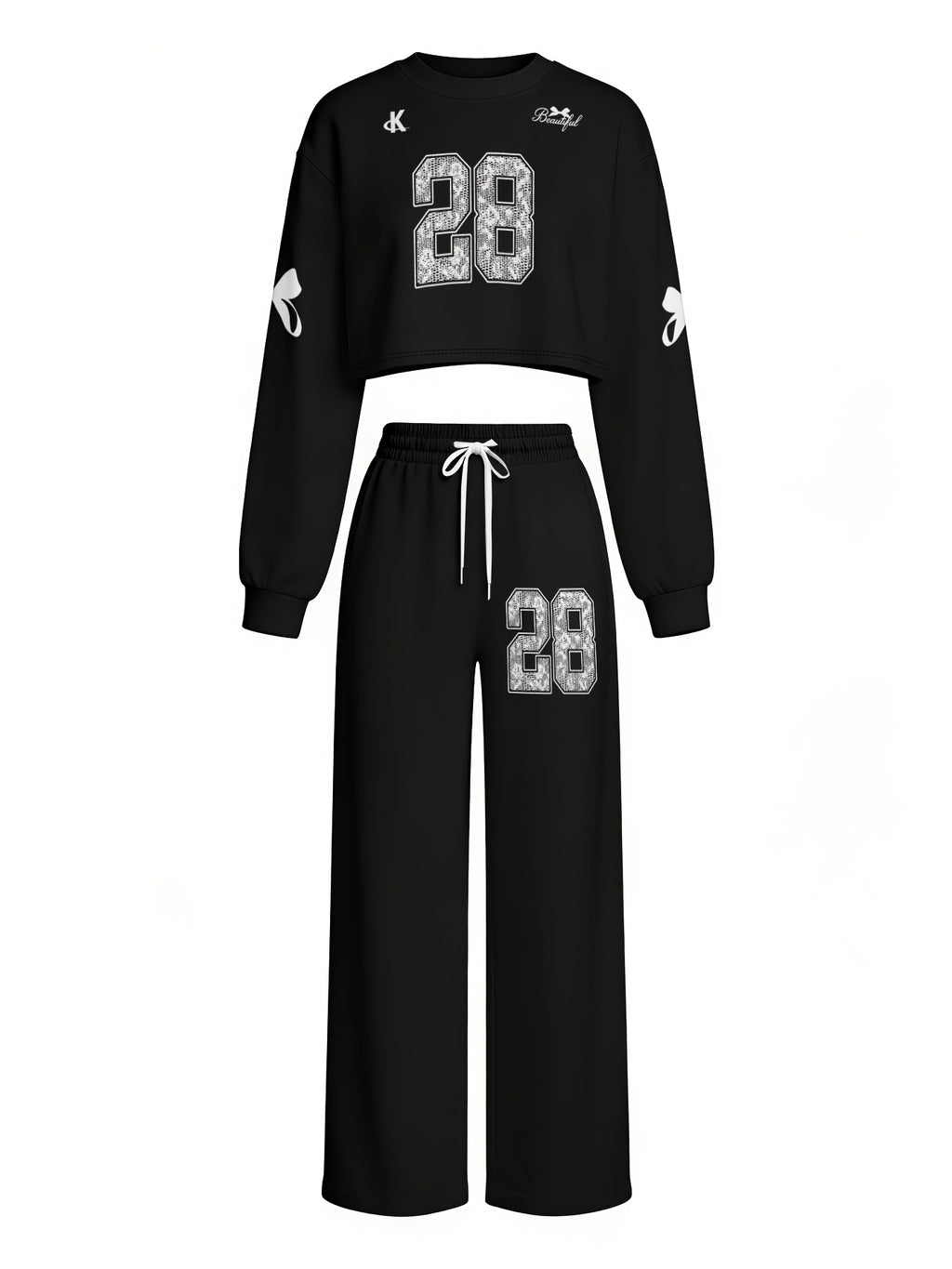 Number 28 Drop-Shoulder Sleeve High-Waist Sweatshirt and Wide-Leg Printed Jogger 2pcs Tracksuit Set - Mixed colors