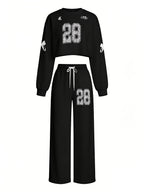 Number 28 Drop-Shoulder Sleeve High-Waist Sweatshirt and Wide-Leg Printed Jogger 2pcs Tracksuit Set - Mixed colors