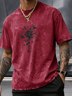 Short Sleeve Top, Pure Washed Distressed Loose Short Sleeve, Raven Flying Bird Front And Back Trendy Print Casual Match, American Street High Street Hip-Hop Couple Style, Daily Outing Commute Sports Fitness Street Style Y2K National Trend T-Shirt - Burgundy