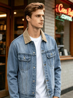 Men'S Vintage Washed Denim Jacket, Contrast Collar Plaid Inner Lining, Multi-Pocket Metal Button Placket, Loose Dropped Shoulder Fit, Retro Style Top for Young Men, Daily Street Outings, Casual Versatile Long Sleeve Coat - Blue