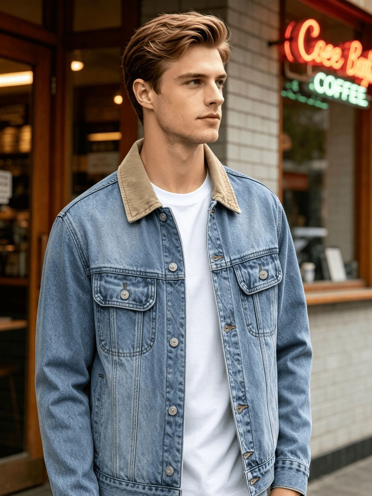 Men'S Vintage Washed Denim Jacket, Contrast Collar Plaid Inner Lining, Multi-Pocket Metal Button Placket, Loose Dropped Shoulder Fit, Retro Style Top for Young Men, Daily Street Outings, Casual Versatile Long Sleeve Coat - Blue