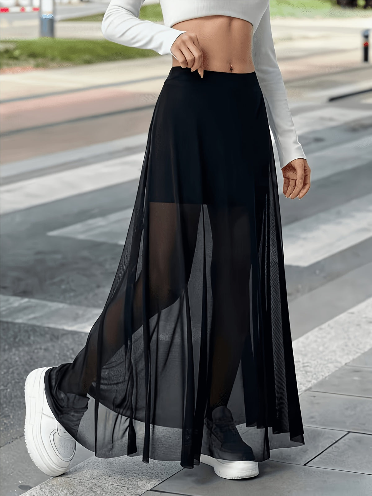 New Women'S Sexy Sheer Mesh Skirt for Dates And Vacations, Loose Long Dress (With Lining) - Black