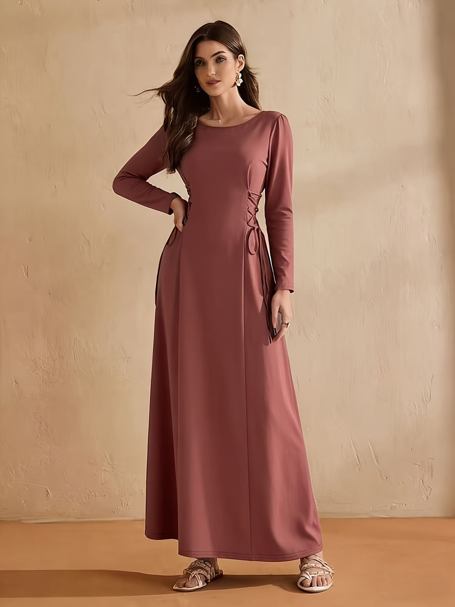 Women's Elegant A-Line Dress - Adjustable Drawstring Waist, Non-Stretchy Fabric for Formal & Everyday Events - Machine Washable Women's Clothing (Spring/Fall/Summer), Spring Outfit, Round Neckline, Flowing Silhouette - The color of rouge