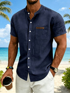 Men's Minimalist Vacation Style Stand Collar Linen Short Sleeve Shirt, 95% Linen 5% Polyester, Breathable with Label Pocket, Fashionable Beachside Pool Casual Shirt - Navy Color