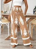 Floral Waist-Tie Fashion Casual Printed Pants, Women's Long Wide-Leg Trousers - Tawny