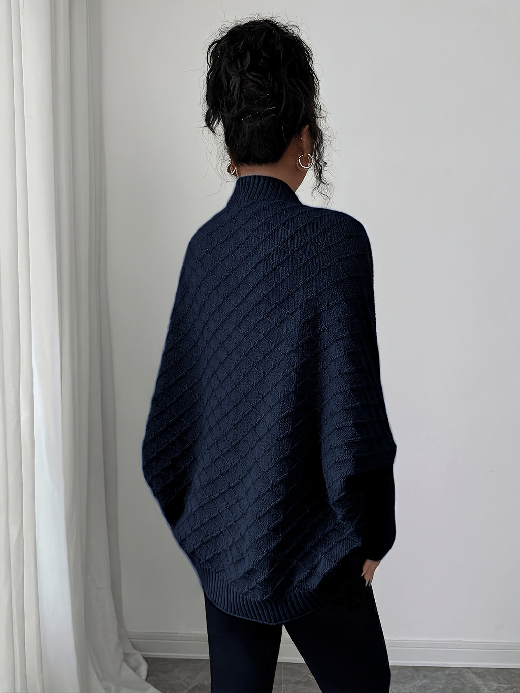 Women'S Cardigan: Casual Elegance with Batwing Sleeves Mid-Length Jumper, Versatile And Sophisticated Knitwear - Navy Color