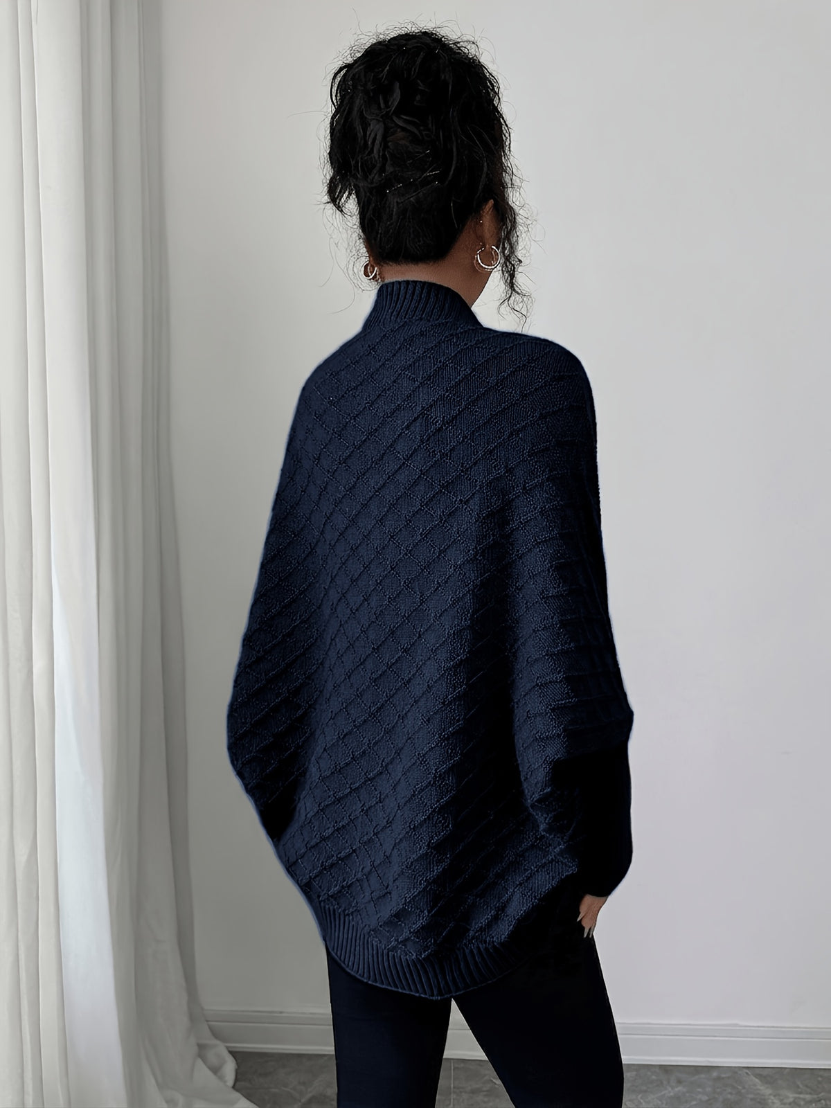 Women'S Cardigan: Casual Elegance with Batwing Sleeves Mid-Length Jumper, Versatile And Sophisticated Knitwear - Navy Color