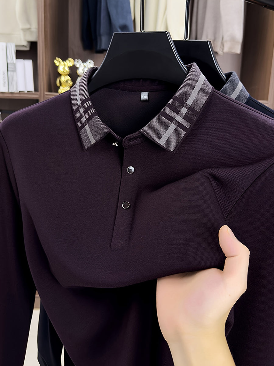 Men'S Plaid Lapel Long Sleeve Polo Shirt, Plaid Contrast Collar Design Middle-Aged Business Casual Navy Purple Optional Top - Purple