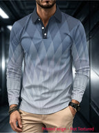 Men'S Digital Print Long Sleeve Polo Shirt - Non-Textured, Blue-Gray Geometric Gradient, Skin-Friendly Breathable Fabric, Men'S Fashion Casual Polo, Casual Men'S Top - Mixed colors
