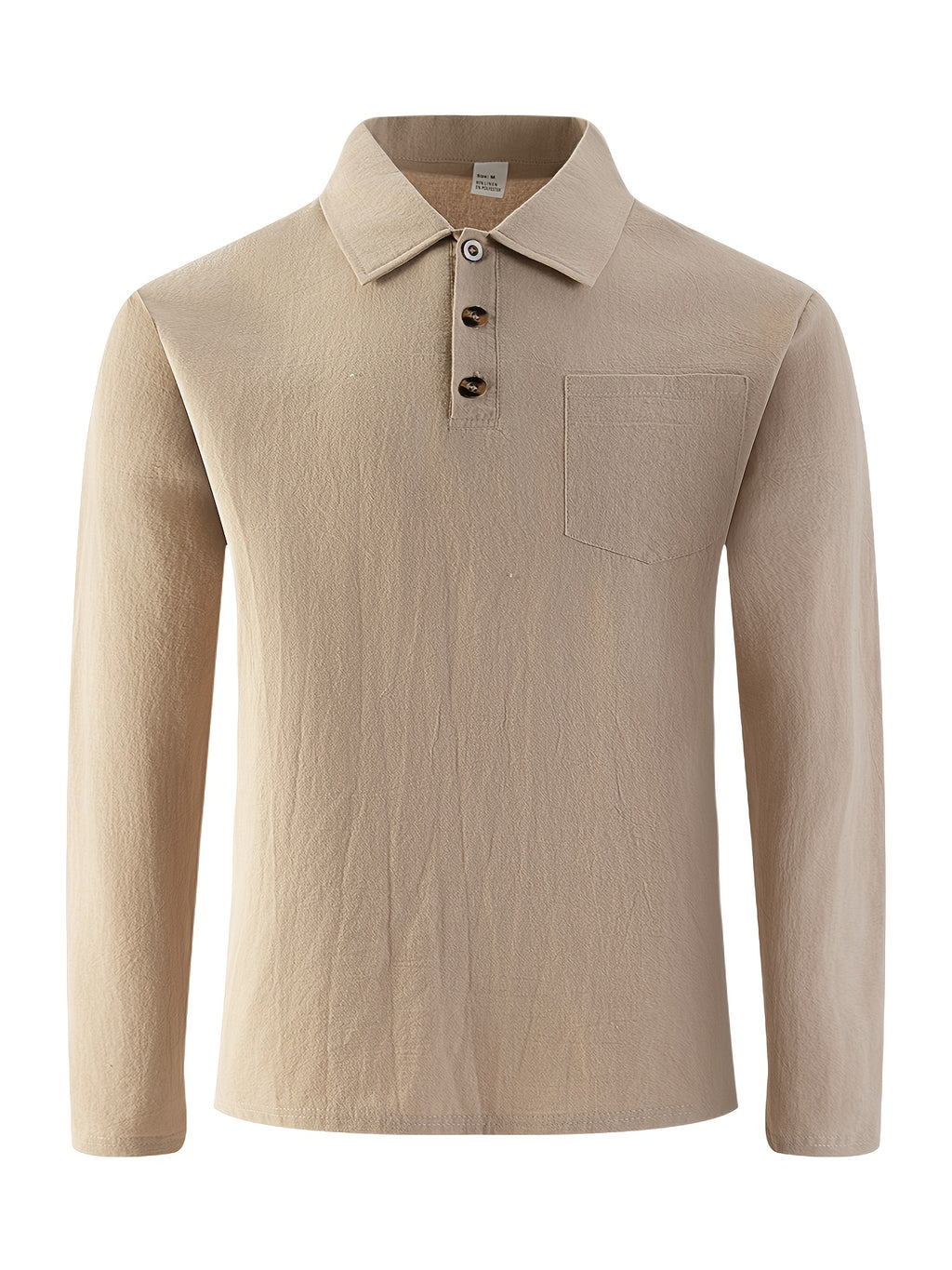 Men's Linen Long Sleeve Polo Shirt, Henley Button Placket Collared Top with Chest Pocket, Lightweight Breathable Casual Shirt for Daily Beach Vacation Wea - Khaki