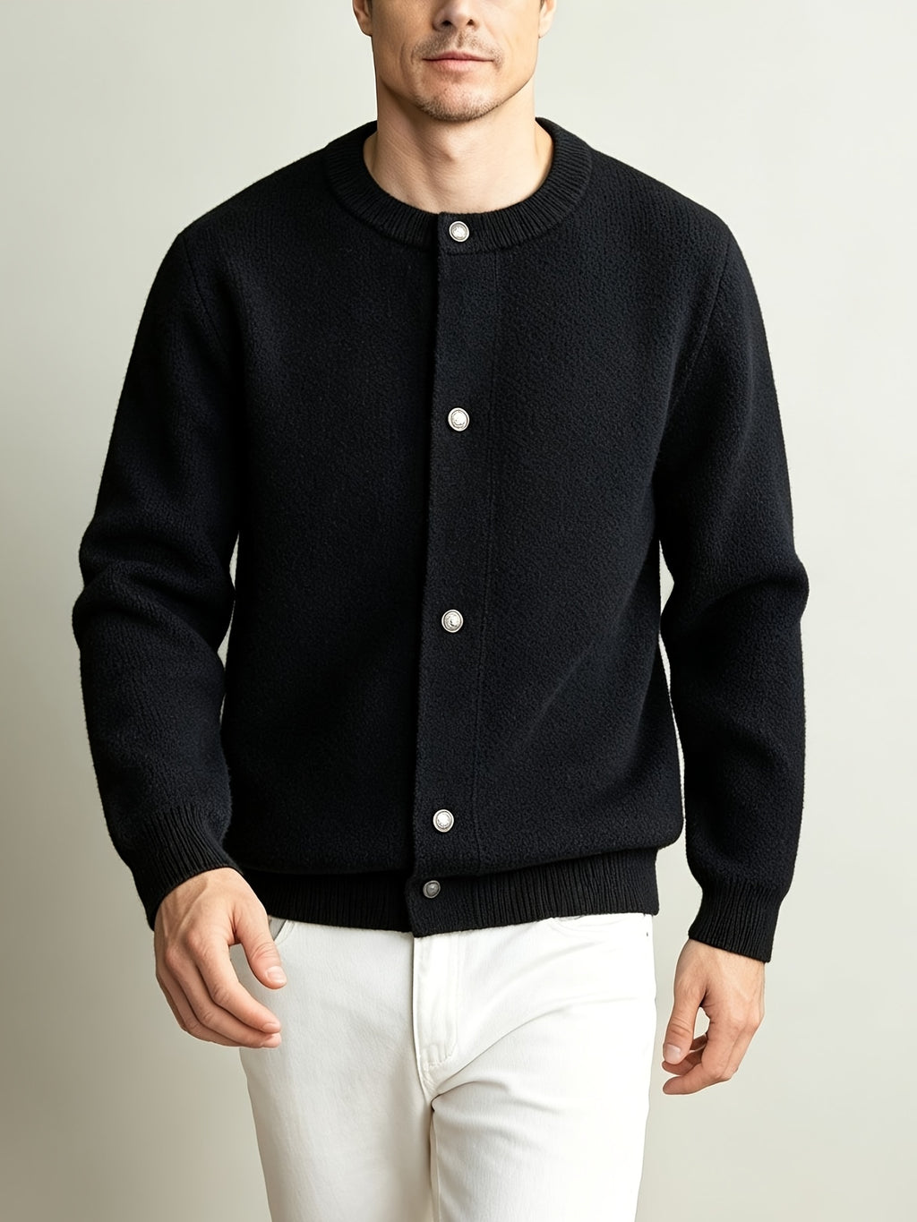 Men'S Italian Casual Gentleman Windproof Solid Round Neck Knit Cardigan Top, Heavy Fabric Warm Non-Constricting Ribbed Hem Windproof Fitted, Suitable for Coffee Dates Art Exhibitions City Strolls Mall Shopping Holiday Leisure Commute Outerwear Top - Black