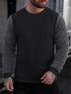 Men's Autumn and Winter Round Neck Plush Sweatshirt, Using Fashionable Color Block Patchwork Pattern and Pure Color Design Sweatshirt. The Anti-wrinkle Soft Knitted Material Is Very Practical. Suitable for Students' Daily Wear on Campus. - Black