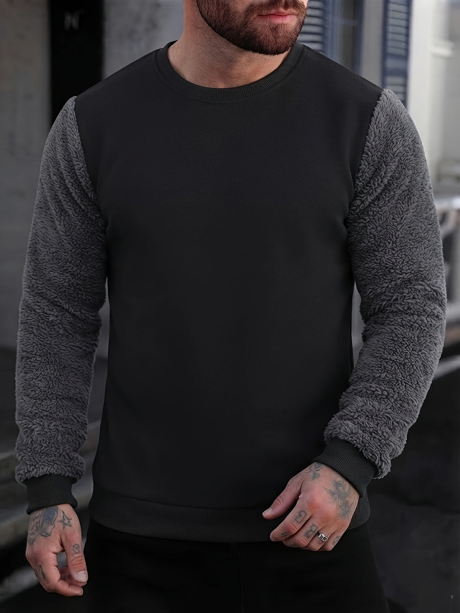 Men's Autumn and Winter Round Neck Plush Sweatshirt, Using Fashionable Color Block Patchwork Pattern and Pure Color Design Sweatshirt. The Anti-wrinkle Soft Knitted Material Is Very Practical. Suitable for Students' Daily Wear on Campus. - Black