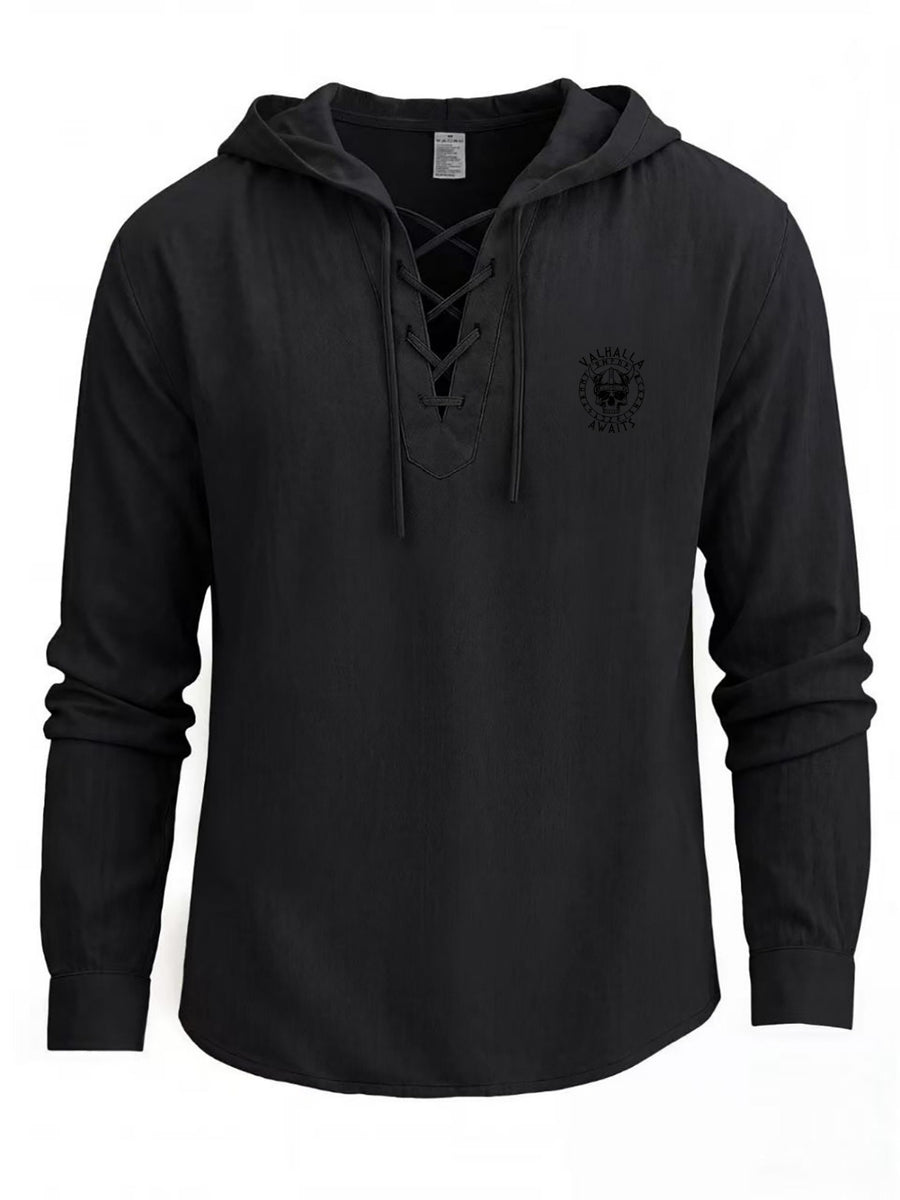 Men'S Linen Shirt, Hooded with Cross-Drawstring Neckline, Round Character Skull Helmet Badge Rich Body Details, Long Sleeve Suitable for Various Outings, Short Trips, Street Strolling, Friends Gathering, Relaxed And Natural Top - Black