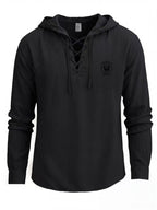 Men'S Linen Shirt, Hooded with Cross-Drawstring Neckline, Round Character Skull Helmet Badge Rich Body Details, Long Sleeve Suitable for Various Outings, Short Trips, Street Strolling, Friends Gathering, Relaxed And Natural Top - Black