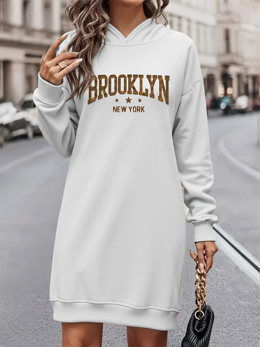 Women'S Fashion Letter Print Hooded Sweat Dress, Women'S Autumn Winter Premium Trendy Street Style Age-Reducing Fleece-Lined Color-Block Hooded Sweatshirt, Casual Versatile Hooded Top, Outerwear Pullover, Long Length Sweatshirt, Elegant - White