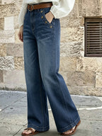 Sailor Style High Waist Jeans for Women, Golden Button Double Breasted Wide Leg Denim Pants, Trendy Stretchy Flared Pants - Navy Color