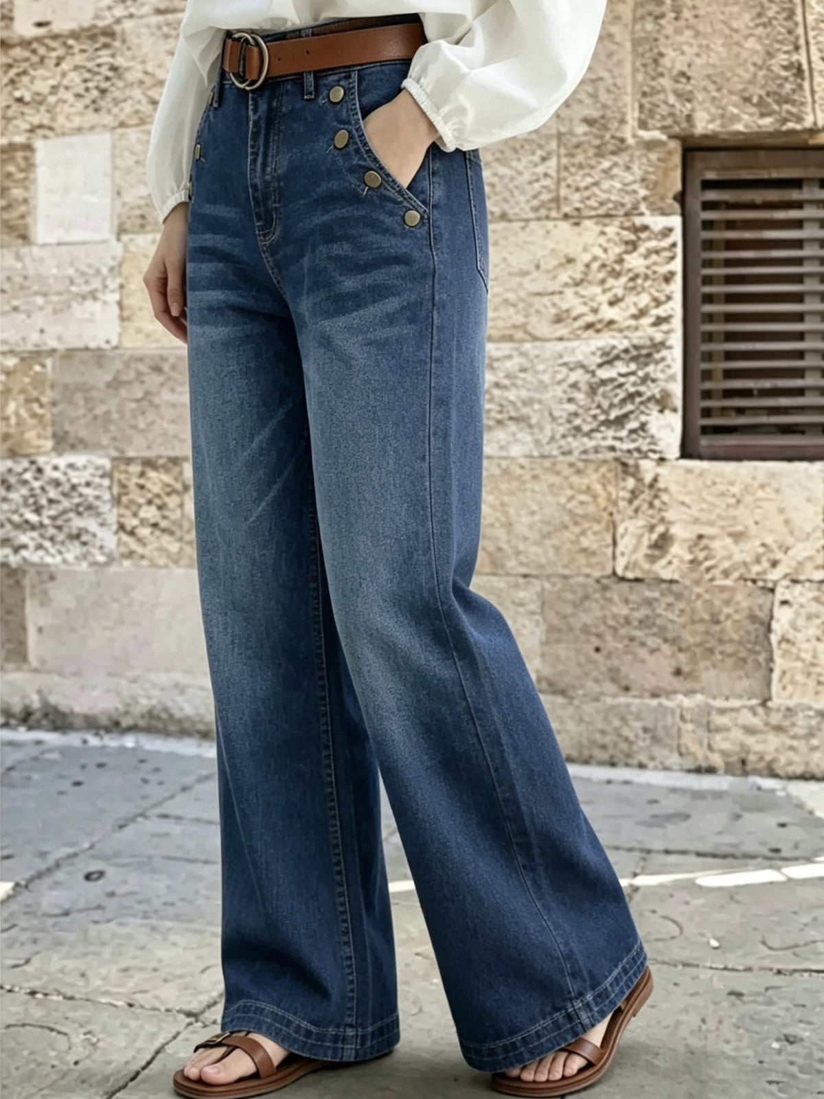 Sailor Style High Waist Jeans for Women, Golden Button Double Breasted Wide Leg Denim Pants, Trendy Stretchy Flared Pants - Navy Color