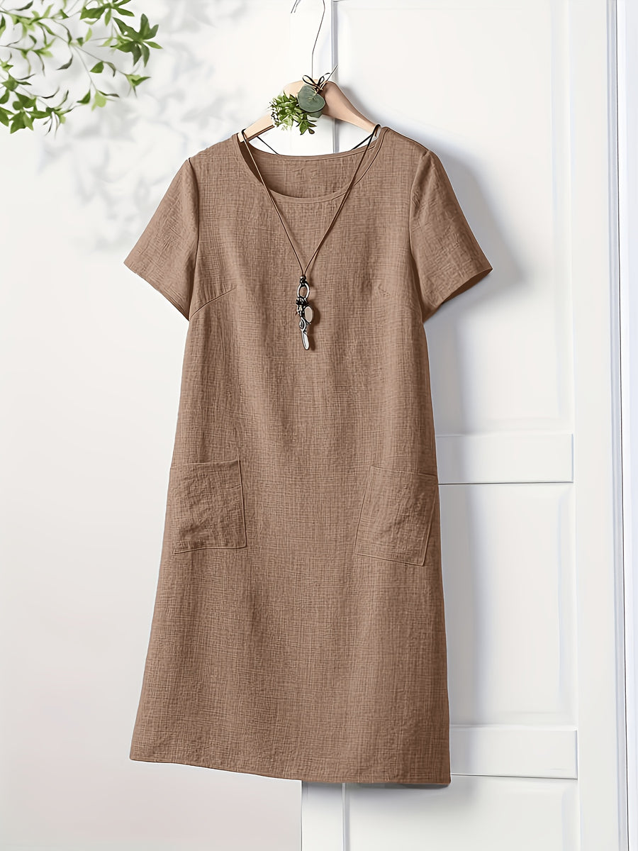 Women's Short-Sleeve Dress with Functional Pockets - Straight-Cut -Line Mid-Length Dress, Loose Fit Round Neck Short Sleeve Dress Suitable for Spring Summer Fall, Casual to Semi-Formal Wear, Machine Washable Solid Color Dress - Rose Brown