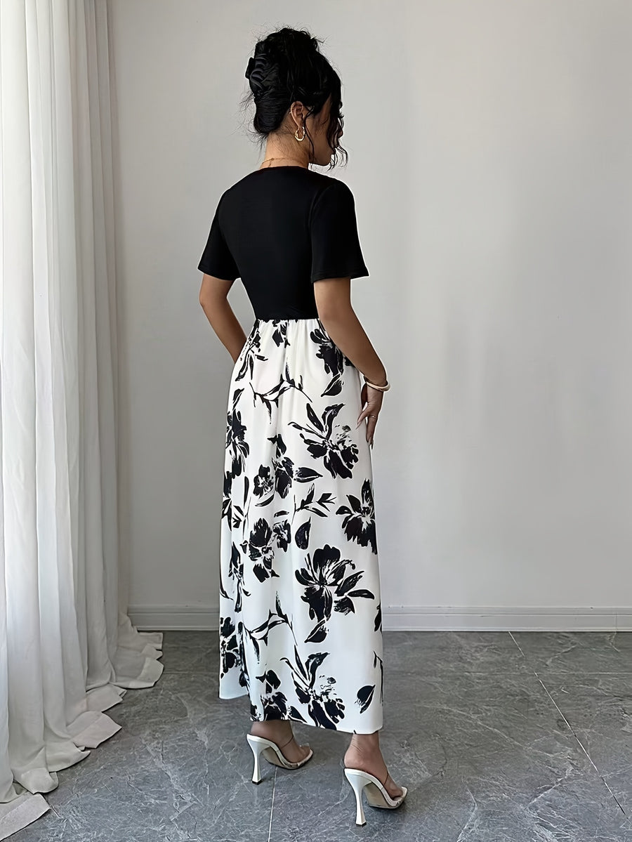 Women'S Elegant Wavy Trim Square Neck Short Sleeve Waist-Cinching Maxi Dress - White