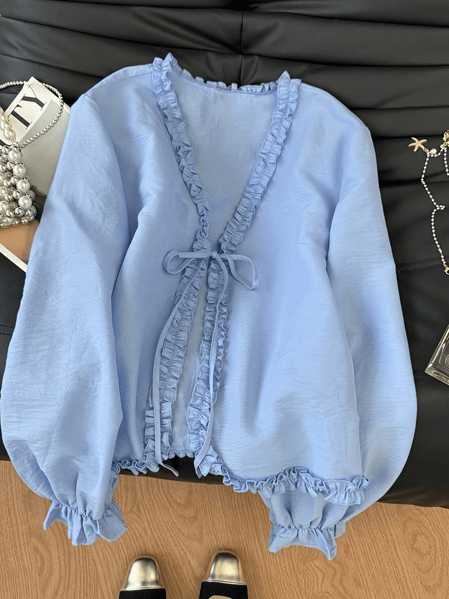 Elegant Solid Color Lace-Up Top - Light Blue