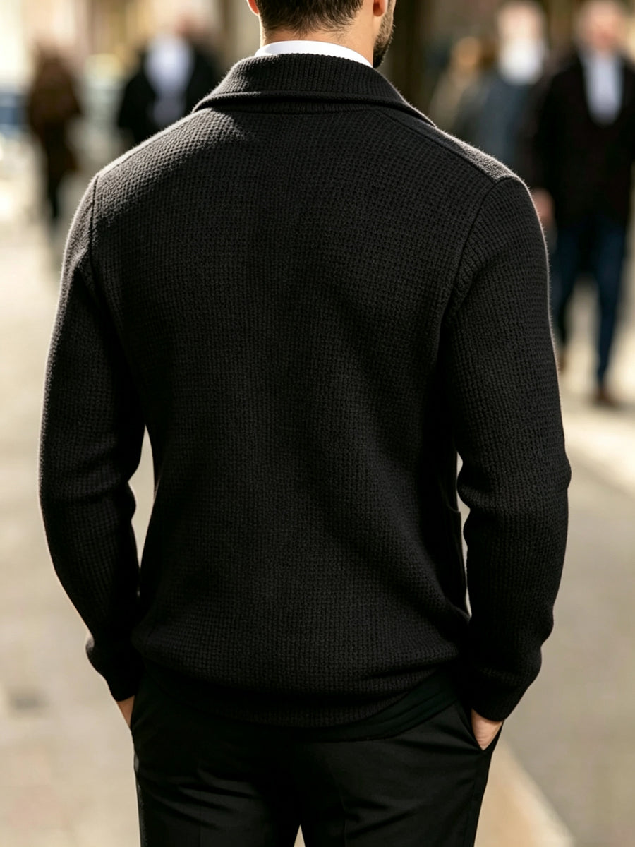 Men'S Spring Autumn New Waffle Check Blazer Collar Cardigan Single Button Double Pocket Business Casual All-Match Long Sleeve Knit Jacket, Soft Comfortable Fashion Solid Color Outerwear Suitable for Daily Outings, Dates, Holidays, And Travel - Black