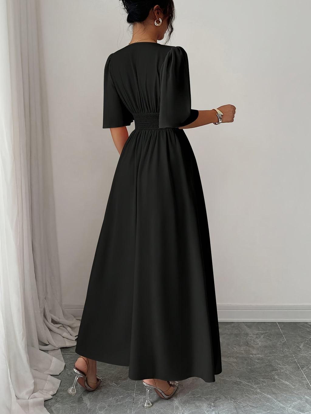 Women's Solid Color Elegant Dress, New Summer V-Neck A-Line Flowing Dress for Casual to Formal Wear, Machine Washable - Black