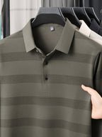 Multi-Color Striped Polo Shirt for Men, Micro-Velvet Long Sleeve Polo, Button-Up Collar 3-Button Pullover Top, Smooth Soft Skin-Friendly Fabric, Business Commute Travel Top, Fishing Home Daily Loose Casual Men'S Clothing - New Brown