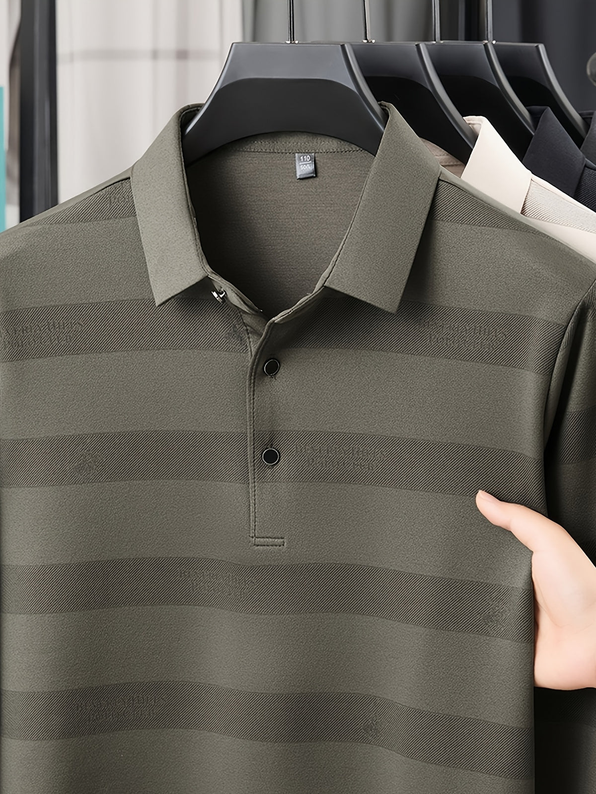 Multi-Color Striped Polo Shirt for Men, Micro-Velvet Long Sleeve Polo, Button-Up Collar 3-Button Pullover Top, Smooth Soft Skin-Friendly Fabric, Business Commute Travel Top, Fishing Home Daily Loose Casual Men'S Clothing - New Brown