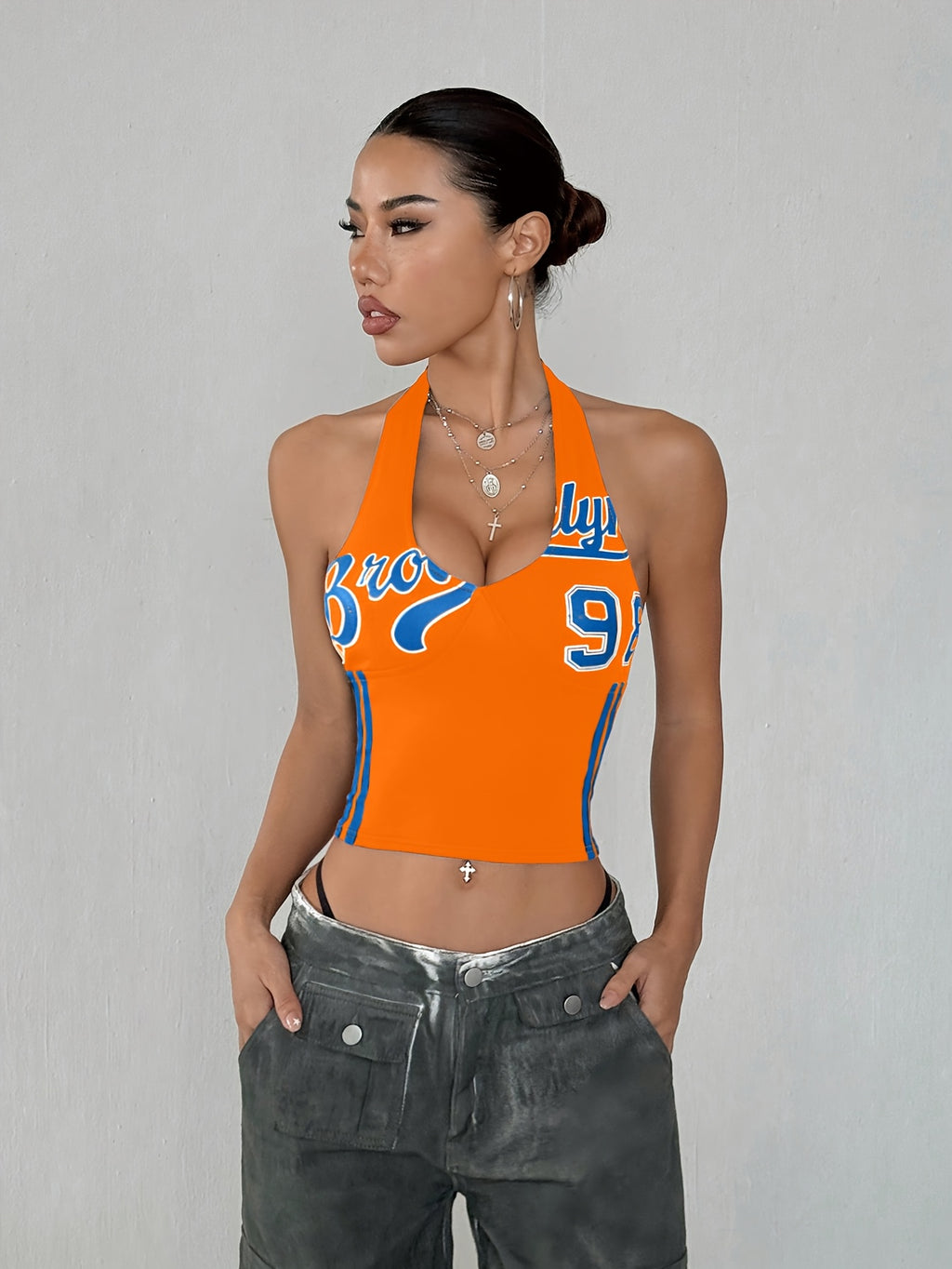 Women's Streetwear Color Block No. 98 Letter Print V-Neck Halter Neck Tank Top - Orange