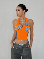 Women's Streetwear Color Block No. 98 Letter Print V-Neck Halter Neck Tank Top - Orange