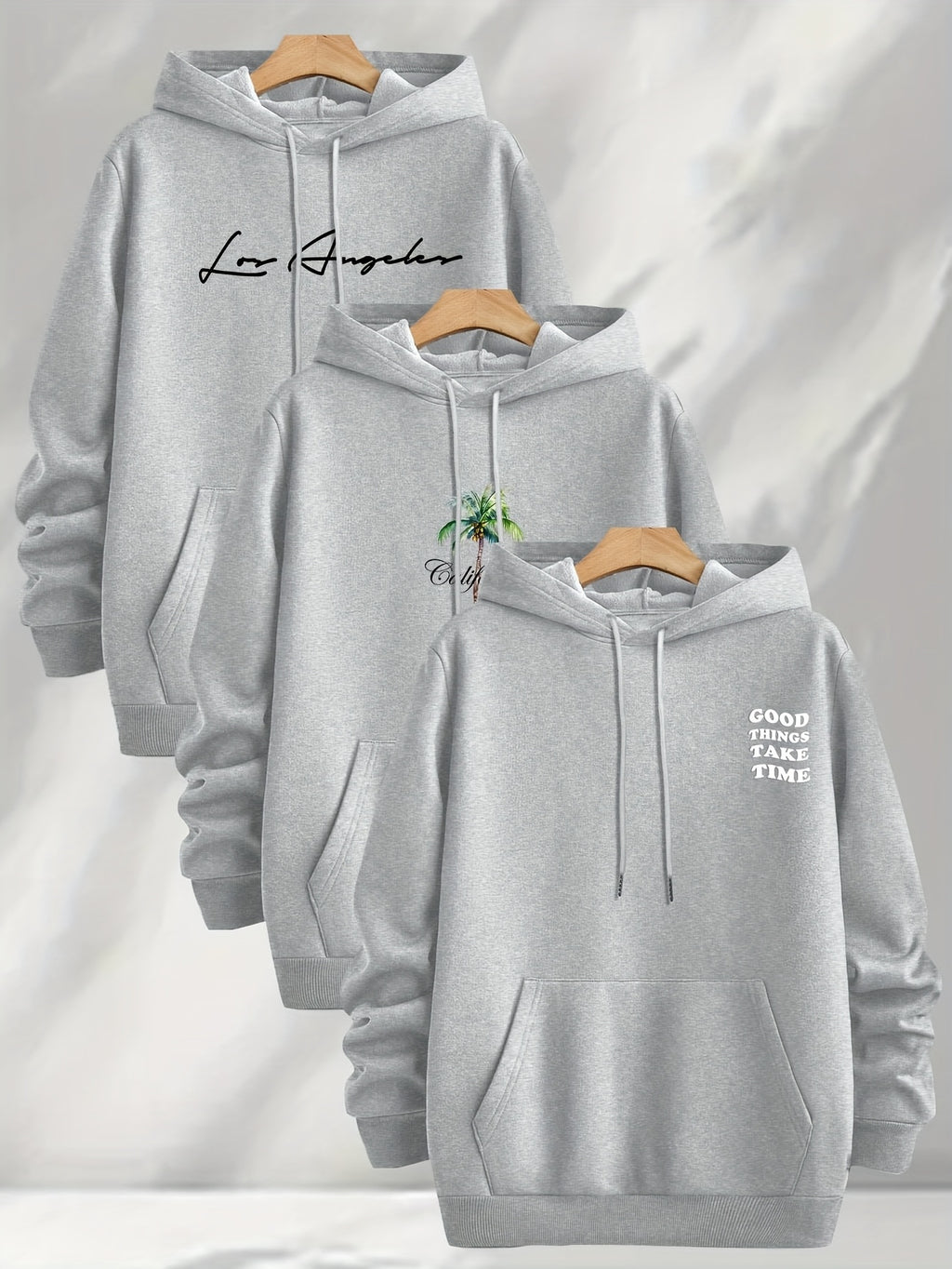 3pcs Trendy Print Sweatshirt, Men's Casual Hooded Sweatshirt, Long-sleeve Pullover, Slightly Stretchy, Knitted Polyester Fabric, Regular Fit Men's Hoodie - Light Grey