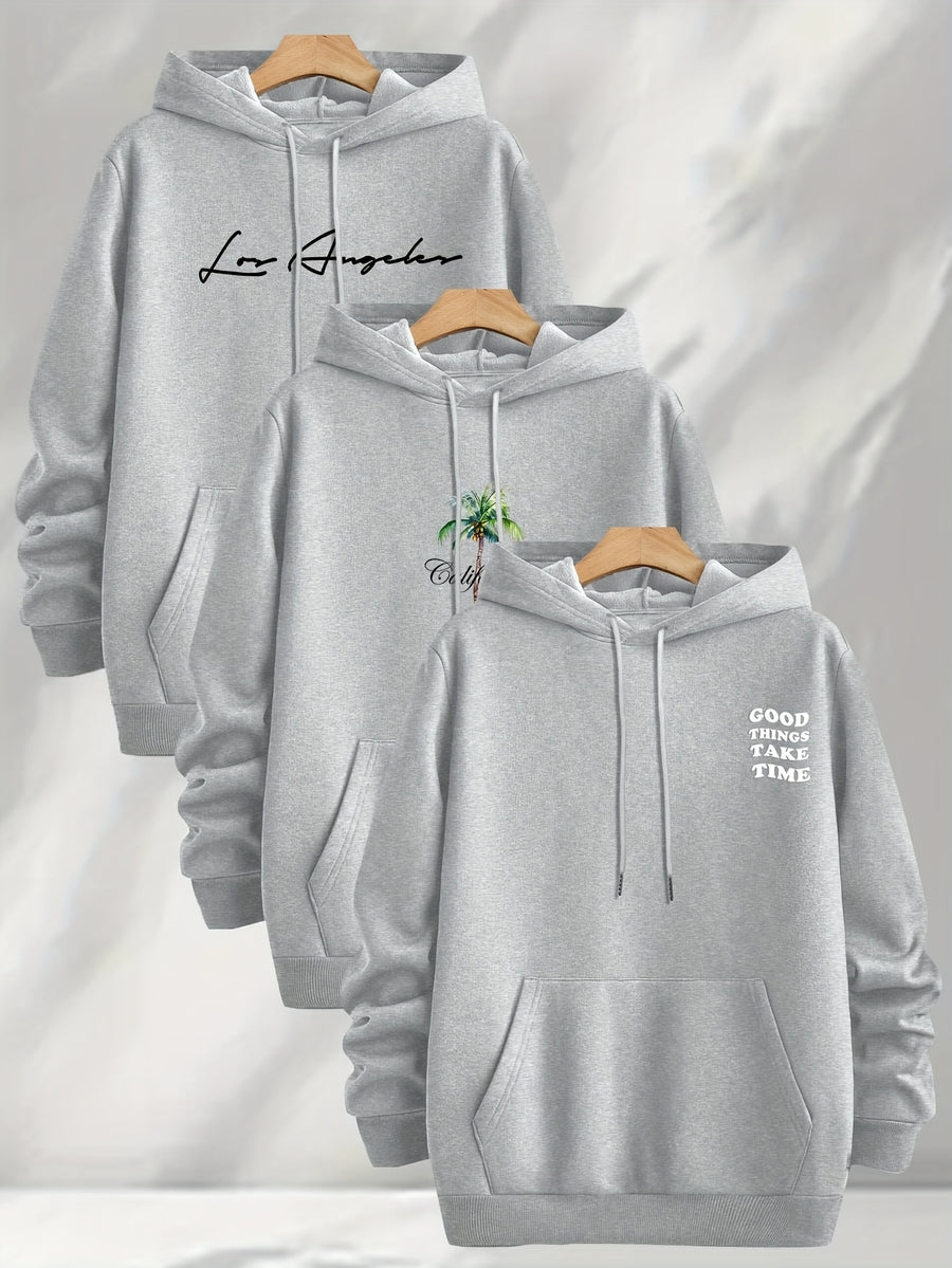 3pcs Trendy Print Sweatshirt, Men's Casual Hooded Sweatshirt, Long-sleeve Pullover, Slightly Stretchy, Knitted Polyester Fabric, Regular Fit Men's Hoodie - Light Grey