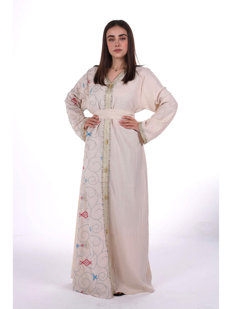 Middle East Women's New Traditional Style Dress Kaftan Robe Jalabiya Festival Evening Gown Abayas Suitable for Holiday Party Wear Women's Evening Dress, Casual Dress with belt - Beige