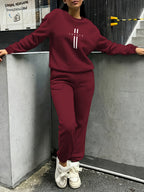 Women'S Autumn Winter Two-Piece Set, Easy Pattern Sweatshirt And Jogger Pants - Burgundy