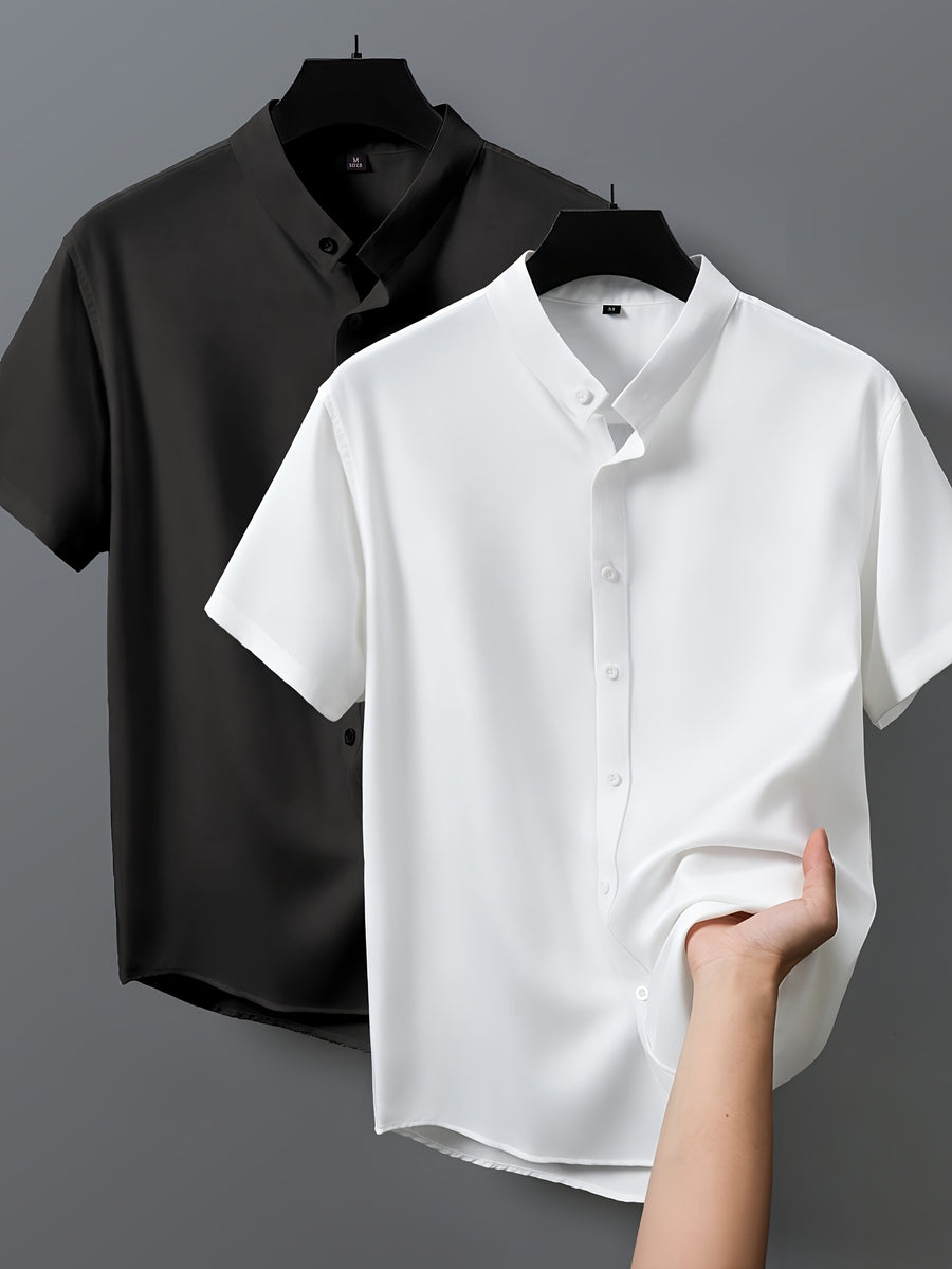 2pcs Men's Short-Sleeve Shirts, Henley/Stand-Up Collar Design, Summer Casual Outerwear - Style1