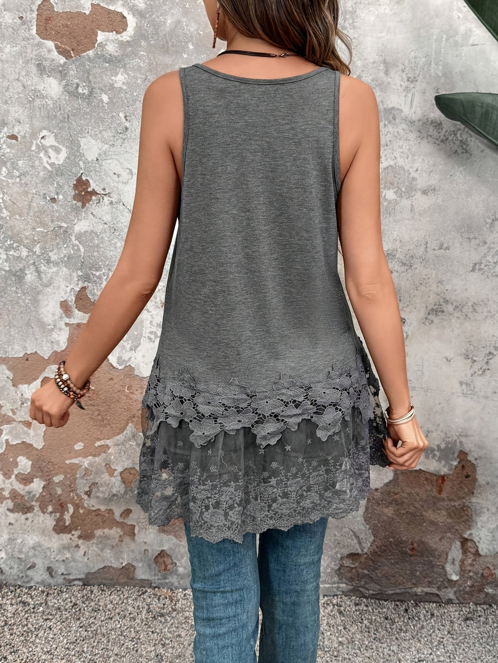 Women's Fashion Long Vest with Contrast Lace for Summer - Grey