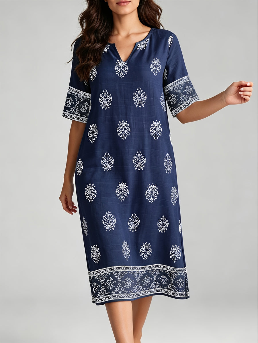 V-neck Short-sleeve Ethnic Print Dress with Slit Hem, Holiday Travel Beach Dress - Navy Color