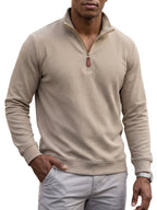 Men's Casual Half-Zip Sweatshirt, Waffle Knit Fabric, Comfortable and Breathable, Versatile for Spring and Autumn, Suitable for Outings and Vacations, an Essential for Daily Wear - Khaki