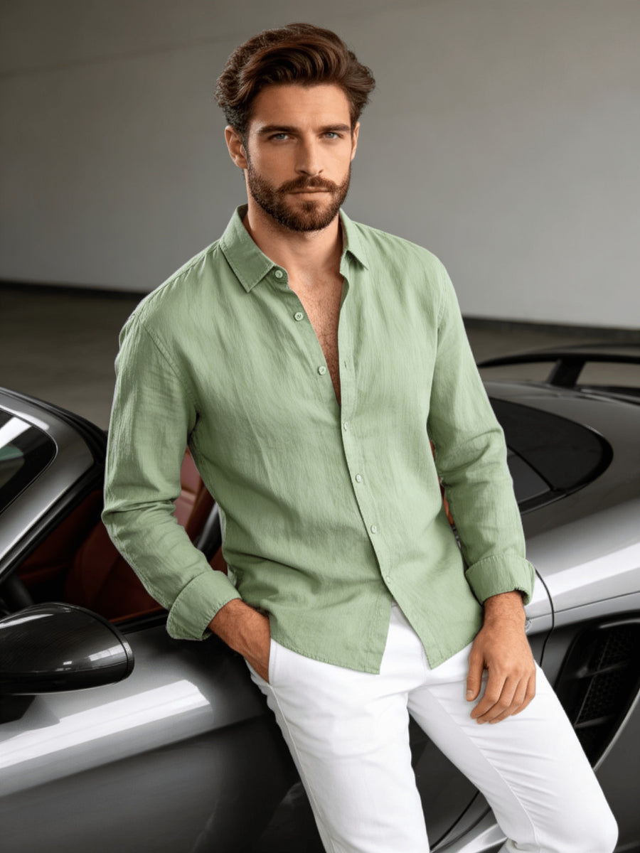 A Single Men's Versatile Long-sleeved Shirt, Featuring a Button-up Cardigan for Comfort and a Timeless Look, with Classic Pure Colors and Multiple Color Options, Suitable for Daily Commuting, Shopping, and Outdoor Activities. (Includes Only 1 Top) - Olive Green