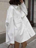 Women'S Shirt, Oversized Loose Casual Pocket Long Sleeve Shirt, Casual Wear - White